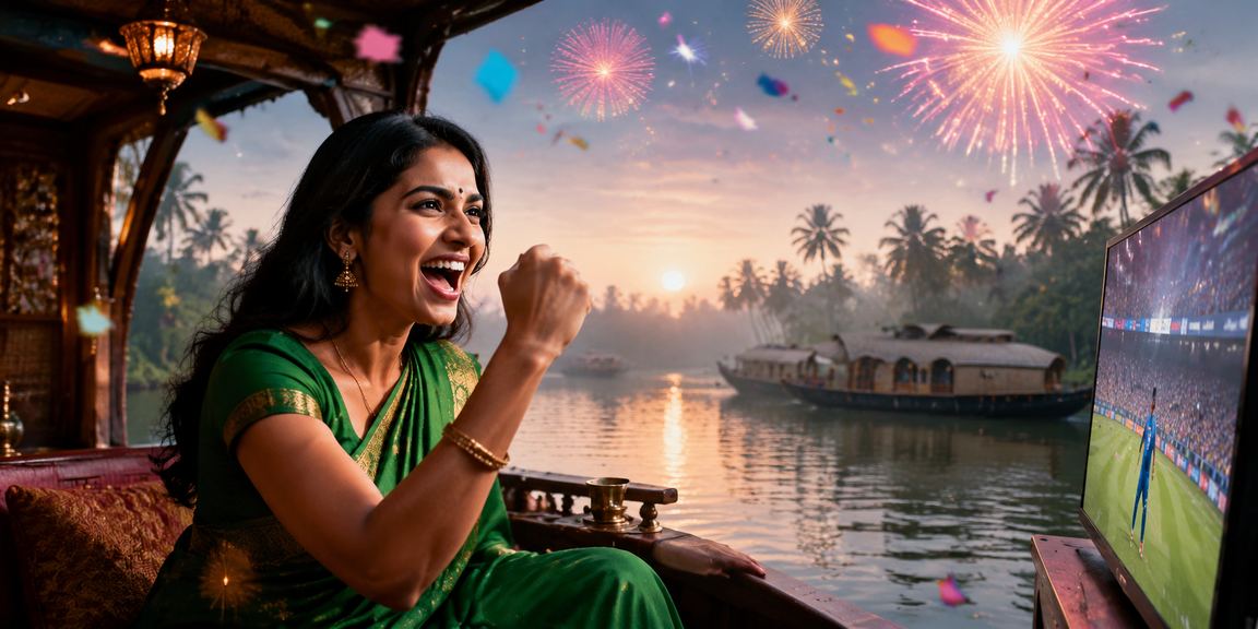 Woman playing lottery and casino games on mobile in Kerala's backwaters